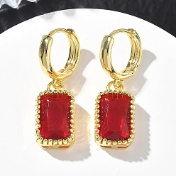 Red Brass Glass Dangle Hoop Earrings for Women, Rectangle, Long-Lasting Plated, Rack Plating, Lead Free & Cadmium Free, Golden, Red, 32x10mm