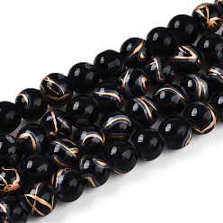 Черный Выпечки нарисованных стеклянных бусин прядей, круглые, волочильных стиле, чёрные, 7.5~8.5 мм, отверстие : 1.2~1.4 мм, около 102~119 шт / нитка, 29.53~34.25 дюйм (75~87 см)