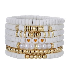 Белый 7 Набор эластичных браслетов для женщин с узором в виде сердечек из полимерной глины, пластиковых бусин и жемчуга, а также пластиковых бусин CCB., белые, внутренний диаметр: 2.56~5.12 дюйм (6.5~13 см)