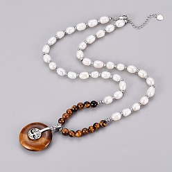 Тигровый глаз Ожерелье из натурального тигрового глаза, с жемчуг, латунная фурнитура и бусины из гематита, плоские круглые с дерева жизни, 21.06 дюйм (53.5 см)