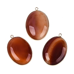 Saddle Brown Dyed Natural Agate Pendants, Brass Oval Bezeled Charms, Golden, Saddle Brown, 43~45x30~31x6.5~8.5mm, Hole: 2mm