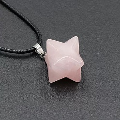 Розовый Кварц Подвеска в виде геометрической гексаграммы-звезды из натурального розового кварца на черных шнурках., 15.75 дюйм (40 см)