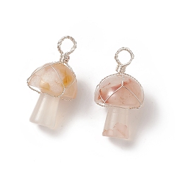 Cherry Blossom Agate Natural Cherry Blossom Agate Pendants, Silver Plated Copper Wire Wrapped Mushroom Charms, 30~30.5x16.5~17.5mm, Hole: 4.5~5mm