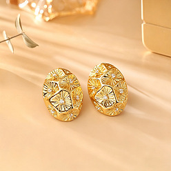 Golden Brass Micro Pave Cubic Zirconia Stud Earrings, Oval, Golden, 23x17mm