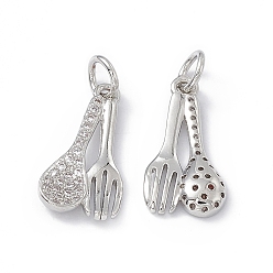 Платина Стеллажное покрытие экологически чистая латунь микро паве прозрачный кубический цирконий посуда подвески, долговечный, без свинца и без кадмия, с целью перехода в кольце, ложка и вилка прелесть, платина, 17x9x3 мм, отверстие : 3 мм