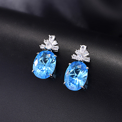 Dodger Blue Brass Pave Cubic Zirconia Oval with Flower Stud Dangle Earrings for Women, Platinum, Dodger Blue, 25x12mm