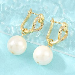 Real 18K Gold Plated Brass Micro Pave Cubic Zirconia Hoop Dangle Earrings, Round with Heart, with Glass Beads, Lead Free & Cadmium Free, Rack Plating, Long-Lasting Plated, Real 18K Gold Plated, 41x16mm