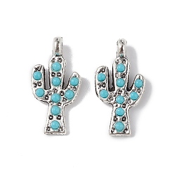 Antique Silver Synthetic Turquoise Pendants, with Alloy Findings, Cactus Charms, Antique Silver, 20x10x2mm, Hole: 1.4mm