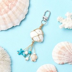 Платина Подвесные украшения из плетеной нейлоновой нити и натуральных ракушек, с синтетической бирюзой и черепахами из магнезита и поворотными застежками из сплава, платина, 117 мм