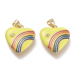 Желтый Латунные микро проложить кубического циркония подвески, с эмалью, реальный 18 k позолоченный, сердце и радуга, желтые, 21x18.5x3.5 мм, отверстие : 3.5x5 мм