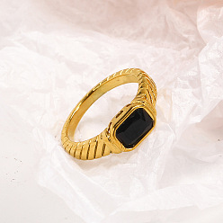 Черный 304 женские перстни из нержавеющей стали с кубическим цирконием, прямоугольные, реальный 18 k позолоченный, граненые, чёрные, размер США 9 (18.9 мм)