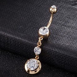 Transparent Piercing-Schmuck, Messing Zirkonia Nabel Ring, Bauchringe, mit 304 Edelstahlleiste, cadmiumfrei und bleifrei, echt 18 k vergoldet, Runde, Transparent, 48x11 mm, Stangenlänge: 3/8"(10mm), Stange: 14 Spurweite(1.6mm)
