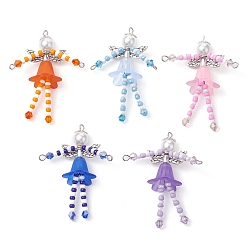 Mixed Color Glass Seed & Acrylic Pearl Beaded Big Pendants, with Alloy Fairy Wing & 304 Stainless Steel Findings, Angel Charms, Mixed Color, 52x40x18mm, Hole: 1.6mm