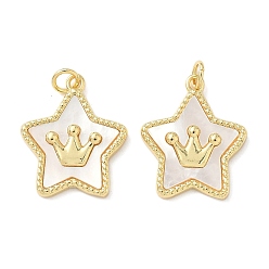 Настоящее золото 18K Подвески из латуни из натуральных ракушек, подвески в виде короны и звезды с соединительными кольцами, без свинца и без кадмия, долговечный, стойки покрытие, цвет морской раковины, реальный 18 k позолоченный, 22x18.5x3.5 мм, отверстие : 3.2 мм