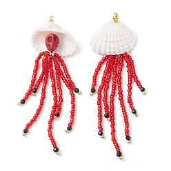 Красный Подвески в виде черепа медузы из окрашенной синтетической бирюзы, натурального черного оникса и стеклянных бусин, с ракушкой и золотыми латунными бусинами, красные, 84x27x13 мм, отверстие : 1 мм