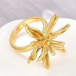Настоящее золото 18K 304 палец кольца из нержавеющей стали, ионное покрытие (ip), цветок, широкая полоса кольца, реальный 18 k позолоченный, Цветок: 30x25 мм, 17 мм