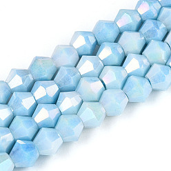 Светло-Голубой Антикоррозийные гальванические биконические стеклянные бусины, имитация драгоценных камней, с покрытием AB цвета, граненые, Небесно-голубой, 5.2~5.5x6~6.5 мм, отверстие : 1.5 мм, около 72~76 шт / нитка, 15.55~16.38'' (39.5~41.6 см)