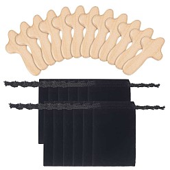 Цвет Древесины 12шт. натуральные деревянные кабошоны, религия крест, с 12прямоугольными бархатными мешочками, деревесиные, 62x34x12 мм