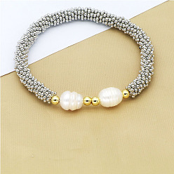 (52) Непрозрачная лаванда 304 Женские браслеты из круглых бусин из нержавеющей стали, с латунью и пресноводным жемчугом, разноцветные, 6-3/4 дюйм (17 см)