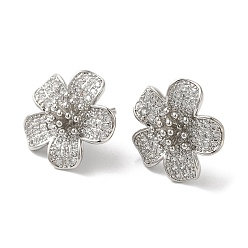 Платина Серьги-гвоздики из латуни с прозрачным фианитом, долговечный, без свинца и без кадмия, цветок, платина, 20x20 мм