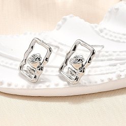 Платина Латунь серьги, прямоугольник с рисунком розы, платина, 14x10 мм