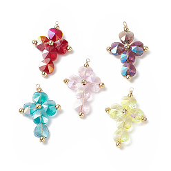 (52) Непрозрачная лаванда Стекло подвеска, с фурнитурой позолоченной латунной, крест прелести, разноцветные, 43x27~28x6~7 мм, отверстие : 2 мм