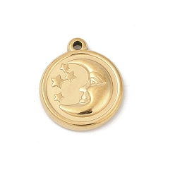 Настоящее золото 18K 304 подвески из нержавеющей стали, плоский круглый с подвеской в виде луны и звезды, реальный 18 k позолоченный, 18.5x16x3.5 мм, отверстие : 1.5 мм