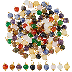 Mixed Stone 100Pcs 10 Colors Natural Mixed Gemstone Pendants, Round Charms with Brass Findings, Golden, Mixed Dyed and Undyed, 14.2mm, Hole: 2.3mm, 10pcs/color