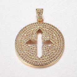 Real 18K Gold Plated Long-Lasting Plated Brass Micro Pave Cubic Zirconia Pendants, Real 18K Gold Plated, Flat Round with Cross, 29x26x2mm, Hole: 3x4mm