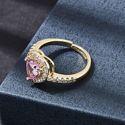 Золотой Открытые кольца манжеты из латуни с микропаве и кубическим цирконием, сердце, золотые, 17 мм