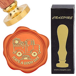 Truck Набор сургучной печати, золотистый тон сургучной печати цельная латунная головка, с деревянной ручкой в стиле ретро, для конвертов приглашений, подарочная карта, грузовик, 83x22 мм, штампы: 30x14.5 мм