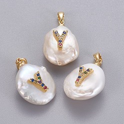 Letter Y Подвески из натурального пресноводного жемчуга, с латунными микро проложить кубических выводы циркония, самородки с буквой, долговечный, золотые, красочный, letter.y, 17~27x12~16x6~12 мм, отверстие : 4x2.5 мм