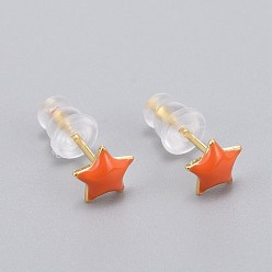 Dunkelorange Messing-Emaille-Ohrstecker, mit Kunststoff-Ohrmuttern, langlebig überzogen, Stern, echt 18 k vergoldet, dunkelorange, 6x6 mm, Stift: 0.8 mm