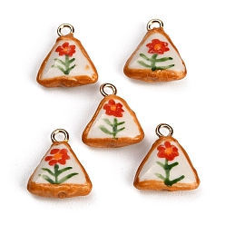 Camellia Handmade Porcelain with Brass Pendants, Triangle with Flower Charms, Hand Painted, Famille Rose Porcelain, Golden, Camellia, 20.5~21x17.5x5.5~7mm, Hole: 2.5mm