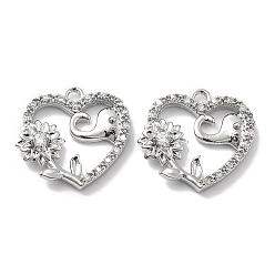 Платинированный Латунные микропаве прозрачные подвески с фианитом, без кадмия, без никеля и без свинца, сердце, Реальная платина, 14x15x3 мм, отверстие : 1.2 мм