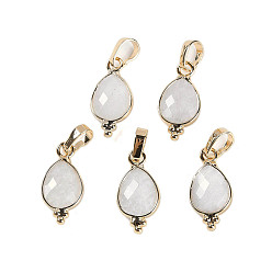 White Moonstone Граненые подвески из натурального белого лунного камня, позолоченные латунные подвески-капли, 17.5x9x3.5 мм, отверстие : 6x3.5 мм
