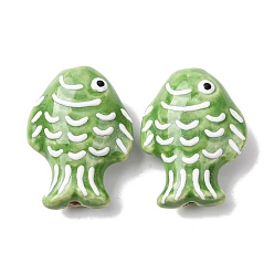 Зеленый лайм Фарфоровые бусины ручной работы, рыба, пастельный фарфор, зеленый лайм, 27~28x20~21x10.5~11.5 мм, отверстие : 1.8~2.2 мм