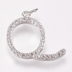 Letter Q Brass Micro Pave Cubic Zirconia Letter Pendants, Cadmium Free & Lead Free, Letter.Q, 18x16x2mm, Hole: 3mm