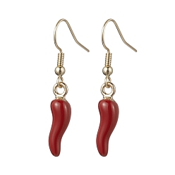 Red Alloy Enamel Chili Dangle Earring, with 304 Stainless Steel Earring Hooks, Red, 38x6mm