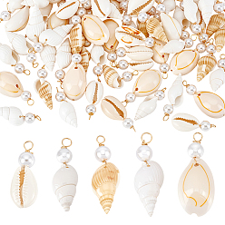 Золотой 100 шт. 5 стили подвески из натурального смешанного материала: ракушки и АБС-пластик с имитацией жемчуга, Подвески в форме ракушки с петлями из медной проволоки, разноцветные, золотые, 24.2~29.5 мм, 20 шт / стиль