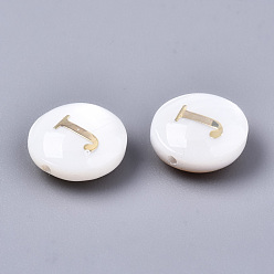 Letter J Natural Freshwater Shell Beads, with Golden Plated Brass Etched Metal Embellishments, Flat Round, Seashell Color, Letter.J, 8x3~5mm, Hole: 0.5~07mm