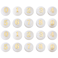 (404) Непрозрачное AB Кислое яблоко 20 шт. 10 стили плоские круглые бусины из натуральной белой ракушки, с золотыми ломтиками эпоксидной смолы, число 0~9, цветочный белый, 8x5 мм, отверстие : 0.9 мм, 2 шт / стиль