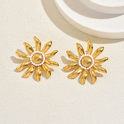 Real 18K Gold Plated 201 Stainless Steel Glass Seed Beaded Stud Earrings for Women, Flower, Real 18K Gold Plated, 44x41mm