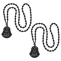 Черный 2шт. ожерелье с подвеской в виде Будды Майтреи из смолы имитирующее драгоценные камни, Ом мани падме хум буддийское ожерелье из бисера для мужчин и женщин, чёрные, 25.20~25.59 дюйм (64~65 см)