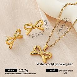 Bowknot 304 комплекты из серег-гвоздиков и ожерелий с подвесками из нержавеющей стали для женщин, золотые, бантом, 13x20 мм