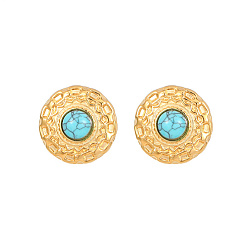 Synthetic Turquoise Synthetic Turquoise Flat Round Stud Earrings, Golden 304 Stainless Steel Earrings, 22mm