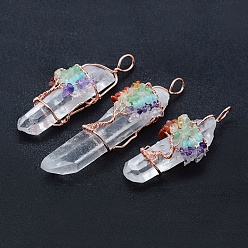 Mixed Stone Natural Quartz Crystal and Mix Gemstone Big Pointed Pendants, with Brass Findings, Bullet, Rose Gold, 73.5~99x25~27x24~28mm, Hole: 6~6.5x8~9mm