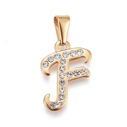 Letter F 304 Stainless Steel Pendants, with Rhinestone, Letter, Letter.F, 21x15x2mm, Hole: 3~3.5x7.5~8mm