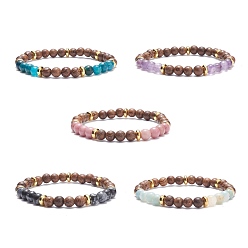 Смешанные камни Женский круглый эластичный браслет из натурального дерева венге и драгоценных камней, внутренний диаметр: 2-1/4 дюйм (5.6 см)