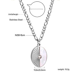 Couleur Acier Inoxydable Colliers pendentifs ovales en acier inoxydable et coquillage blanc naturel avec strass en cristal pour femmes, couleur inox, 304 pouce (19.69 cm), pendentif: 50 mm